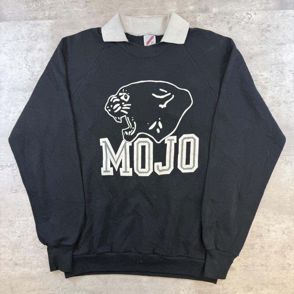 Vintage Jerzees Mojo Panther Graphic Sweatshirt Black Collared Mens Large USA